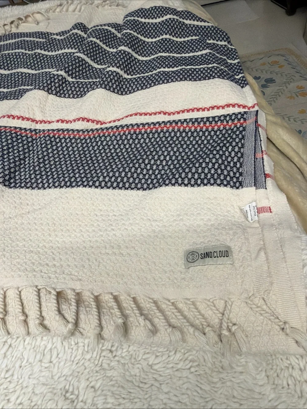 Sand cloud 100% organic Striped Cotton Throw Blanket in Cream, Navy and Red